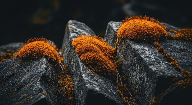 Orange lichen growth on weathered gray stone surfaces creating textured patterns in an abstract nature scene for stock photography use