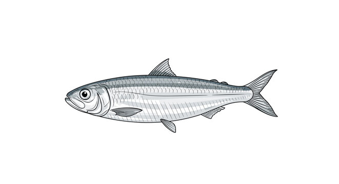 A detailed scientific illustration showcases a slender silver Herring fish with a prominent lateral line and a deeply forked tail on a white background.
