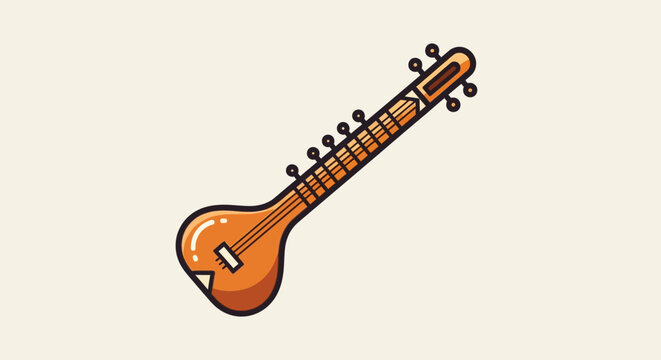 A colorful vector illustration of a traditional Indian sitar musical instrument.