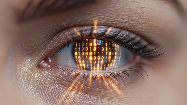 Closeup of human eye with digital binary code for commercial backgrounds, digital design, and advertising