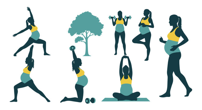 Pregnant woman exercising yoga poses.