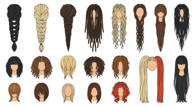 Collection of various wigs on mannequin heads.