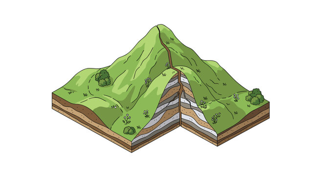 A detailed isometric geological cross-section reveals the internal layers of a green mountain including soil strata and a prominent vertical fault line.