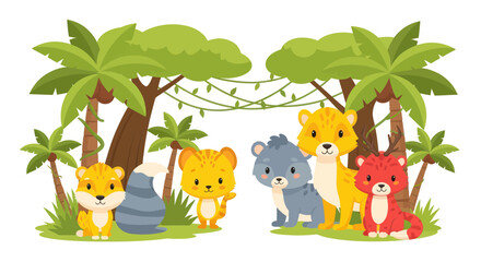 Cute Cartoon Jungle Animals: Tigers, Bears, Palm Trees, Tropical Forest Scene © Korek