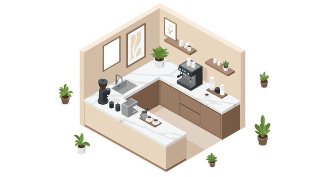 A warm isometric cutaway illustration of a contemporary coffee bar featuring a white marble countertop equipped with professional espresso machines and brown cabinetry.