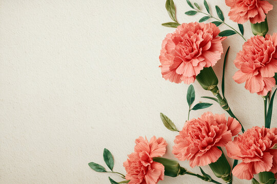 Peach Carnations Floral Frame On Beige Textured Background With Copy Space
