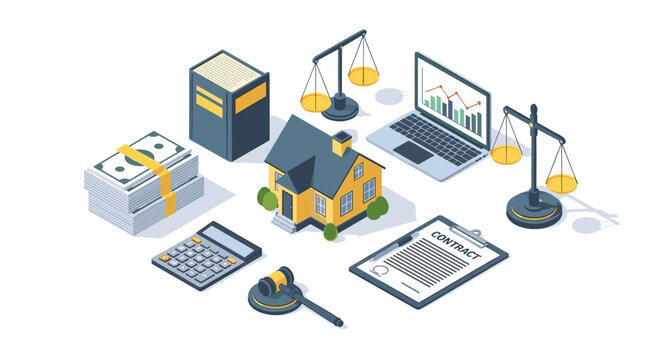 A meticulous isometric composition displays a yellow house surrounded by stacks of money, a calculator, a laptop, and scales of justice for any planning.