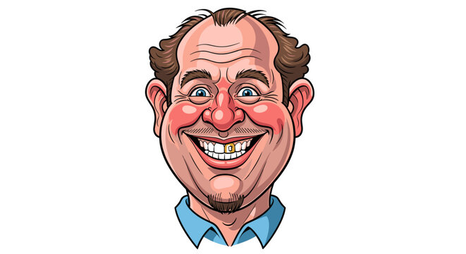 Caricature illustration of a smiling middle-aged man with a gold tooth and flushed face, wearing a blue shirt.