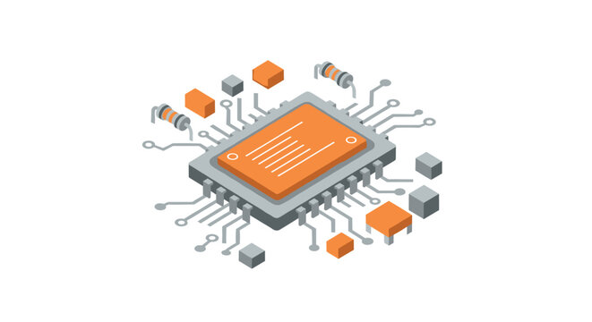 A sophisticated isometric electronic microchip features a bright orange central processor surrounded by intricate silver circuit traces and components.