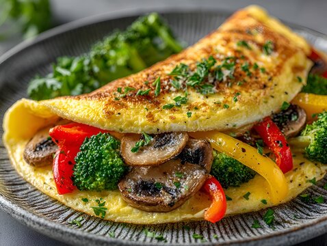 Delicious omelette filled with fresh vegetables including broccoli, mushrooms, and peppers served on a plate ready for breakfast or lunch.