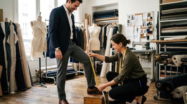 A male tailor and a female designer are measuring a man's trousers in a clothing studio.