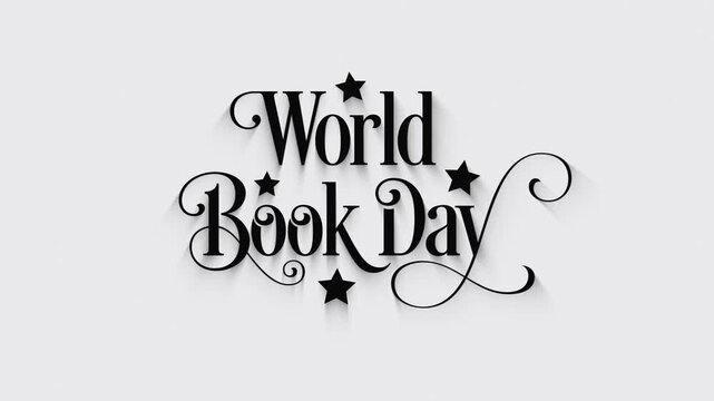 World Book Day Elegant Typography Animation with Ornamental Swirl and Shadow on White Background