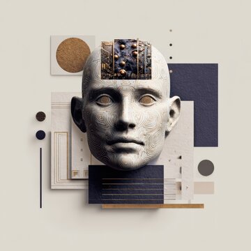An artistic 3D sculpture of a human face with geometric and textured elements, blending classical and modern design styles.