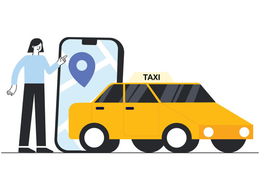 Woman using taxi booking app with smartphone, location pin, and yellow cab vector illustration for online transport and ride hailing concept.