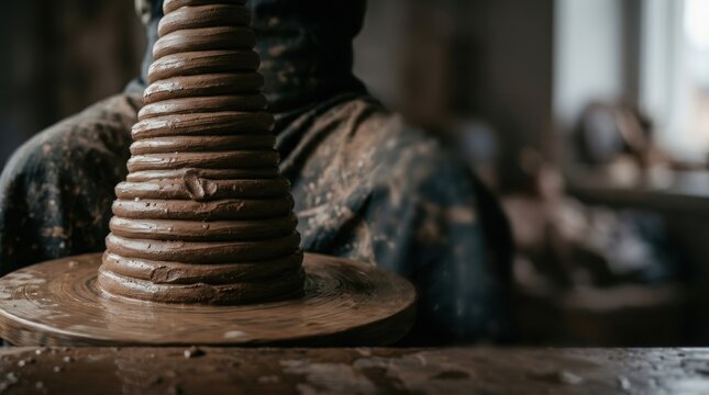 Rising earthenware clay spirals on a pottery wheel
