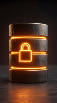 Glowing secure database with neon lock symbol on dark background