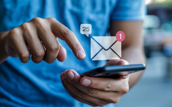 Person holding smartphone with email notification icons floating above screen