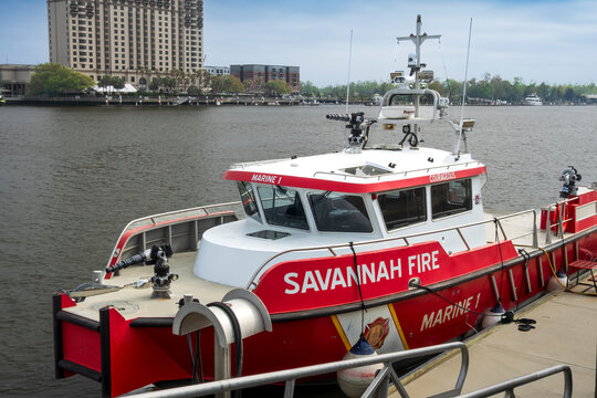 Savannah, GA - US - Mar 25, 2026 The Savannah Fire Marine 1, named Courageous, is a high-tech fireboat docked along the Savannah River, featuring powerful water cannons for harbor security & safety.