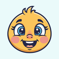 Obraz premium A cheerful cartoon chick with big blue eyes, rosy cheeks, and a wide, happy smile, set against a light blue background.