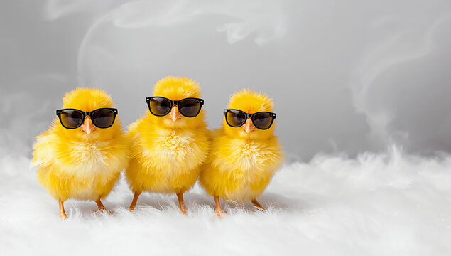 コピースペースを確保した白煙背景でサングラスのひよこ三羽が目を引く広告向け構図