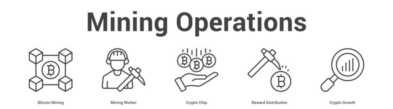Mining Operations web banner icon set vector illustration concept for business with icon of Bitcoin Mining, Mining Worker, Crypto Chip, Reward Distributi.