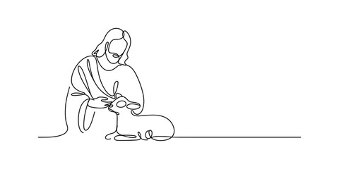 A beautiful continuous line drawing of jesus christ holding and caring for a small gentle lamb Vector, illustration © Shreemoti