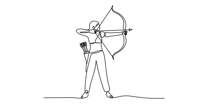 A minimalist single continuous line drawing of a female archer preparing to shoot her longbow Vector, illustration