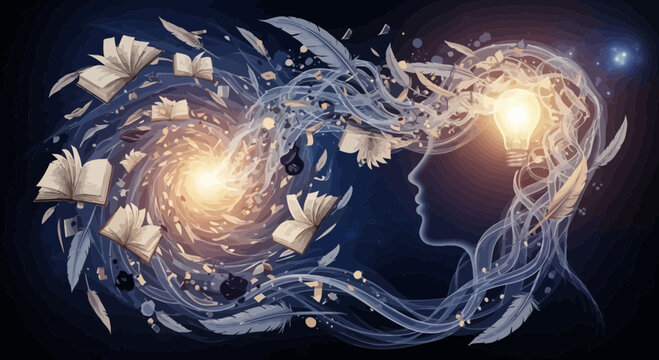 Conceptual artwork of a womans silhouette with knowledge and ideas