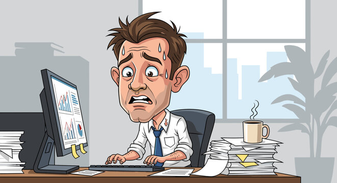 A stressed cartoon man sweating profusely at his office desk, overwhelmed by work and deadlines, with a computer displaying charts and stacks of paperwork around him.