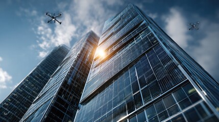 Fototapeta premium Urban Skyline with Drones: Modern glass skyscrapers reach towards a bright sky, accompanied by the futuristic presence of hovering drones. Witness a visual exploration of innovation, technology.