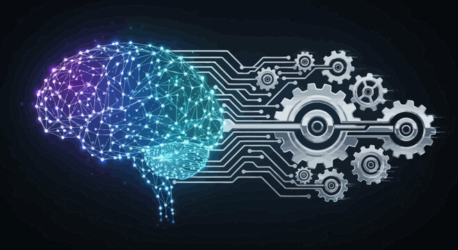 Conceptual digital brain with gears and circuitry isolated on dark background