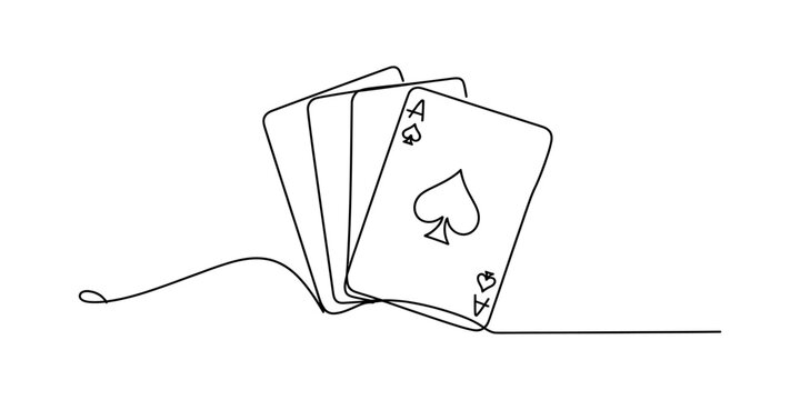 Continuous single line drawing of a set of four playing cards featuring the ace of spades symbol. Vector, illustration