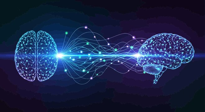 Conceptual digital illustration of two brains connected by luminous lines