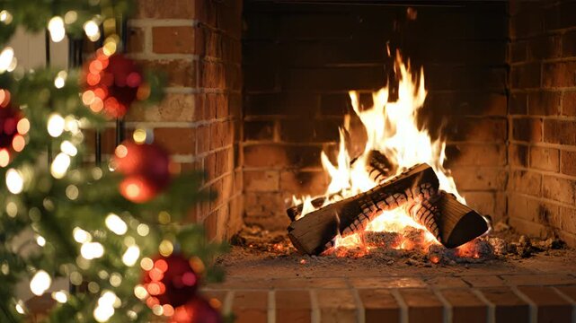 Christmas tree and fireplace with burning logs for commercial backgrounds, digital design, and advertising