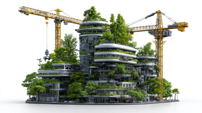 Eco-City in Progress: A visionary eco-city emerges, showcasing sustainable construction with lush greenery integrated into the architectural design and towering cranes facilitating the ongoing build.