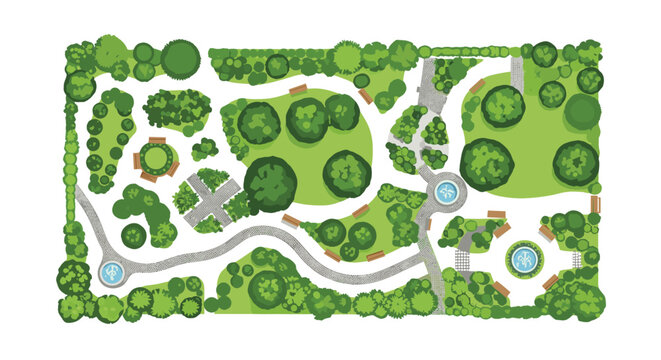 Intricate aerial park map layout showcasing winding stone pathways, central water fountains, wooden benches, and lush green grass patches for urban design.