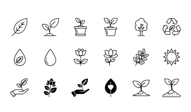Collection of environmental and nature themed vector icons including leaves trees plants and recycling symbols for sustainable and eco-friendly design projects