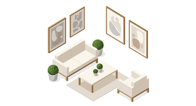 A cozy isometric living room arrangement features a plush sofa and armchair with a central coffee table surrounded by lush green potted indoor plants.