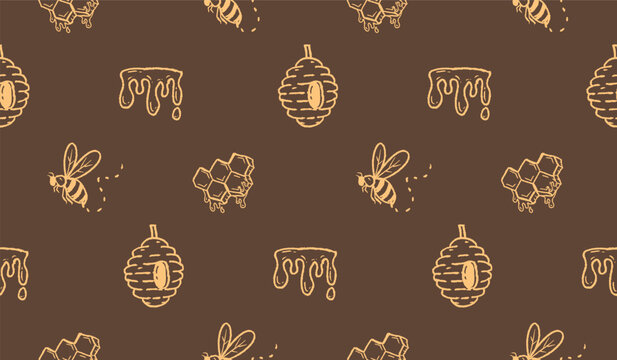Honey hand drawn pattern. Honey farm background doodle. Outline sketch of beehive illustration seamless pattern for packaging containing honeycomb, jar, bumblebee.
