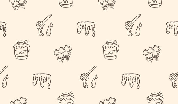 Honey hand drawn pattern. Honey farm background doodle. Outline sketch of beehive illustration seamless pattern for packaging containing honeycomb, jar, dipper.