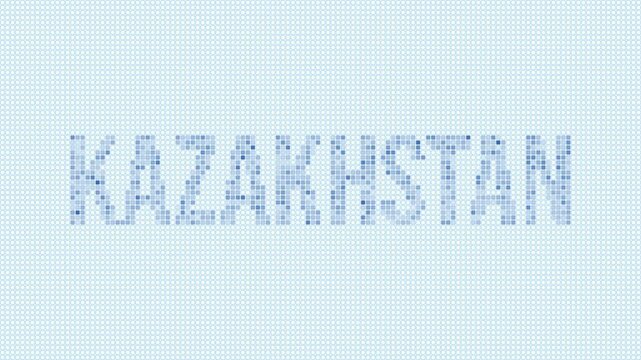 Kazakhstan dotted map animation. Digital style shape of the country. Kazakhstan shape and title dots appear with bulb flickering effect. Intro, outro, logo, title video.