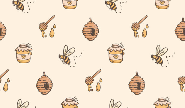 Honey hand drawn pattern. Honey farm background doodle. Outline sketch of beehive illustration seamless pattern for packaging containing honeycomb, jar, dipper.