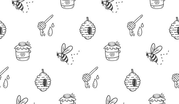 Honey hand drawn pattern. Honey farm background doodle. Outline sketch of beehive illustration seamless pattern for packaging containing honeycomb, jar, dipper.
