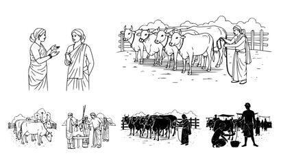 Fototapeta premium Indian rural women and farmers working with cattle in agricultural farm vector illustration set