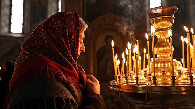 A cinematic back-view shot of an elderly woman in a dark church, wearing a traditional red patterned headscarf