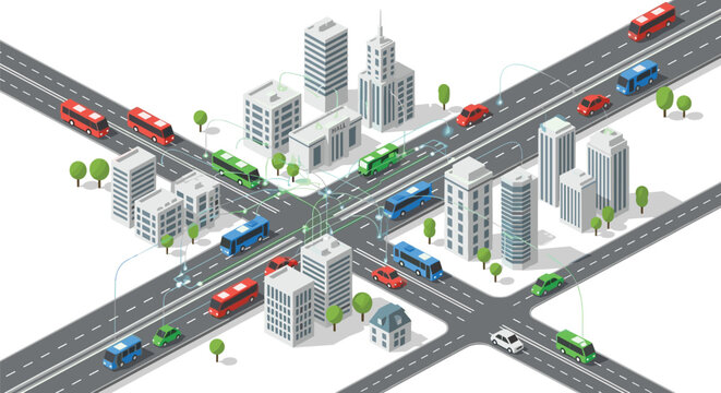 Isometric urban traffic intersection features multiple colorful public buses and private vehicles connected by intricate digital network lines on white ground.