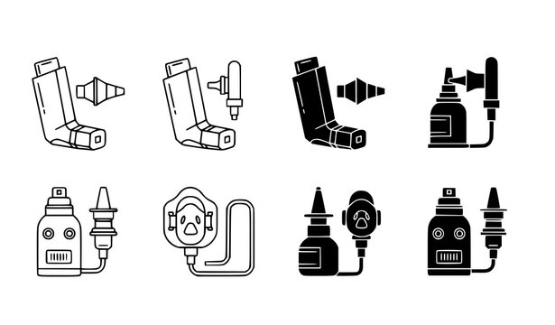 Asthma and respiratory health medical device icon set featuring inhalers and masks for clinical and treatment design projects in vector style