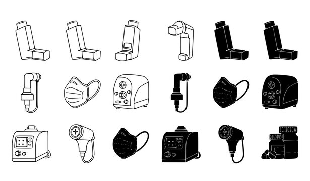 Medical equipment and safety icon set including asthma inhalers protective masks and nebulizers for health protocols and clinical diagnostic graphic design projects
