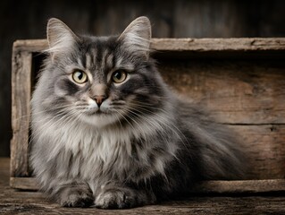 Obraz premium A fluffy gray tabby cat with bright eyes rests comfortably inside a rustic wooden box on a worn and textured wooden surface looking directly ahead.