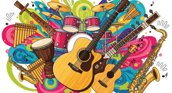 Vibrant musical instruments illustration with guitars drums saxophone and trumpet in colorful abstract background